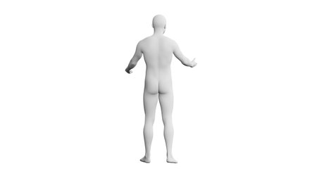 Beautiful athletic young man posing, isolated on white background. 3d illustration (rendering). Artificial intelligence, mannequin. Back viewの写真素材