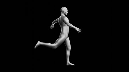 Beautiful young metallic silver man posing, isolated on black background. 3d illustration (rendering). Silver mannequin. Side viewの写真素材
