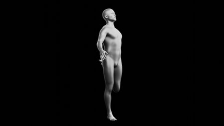 Beautiful young metallic silver man posing, isolated on black background. 3d illustration (rendering). Silver mannequin. Side viewの写真素材