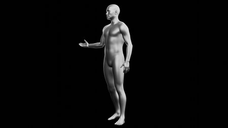 Beautiful young metallic silver man posing, isolated on black background. 3d illustration (rendering). Silver mannequin. Side viewの写真素材