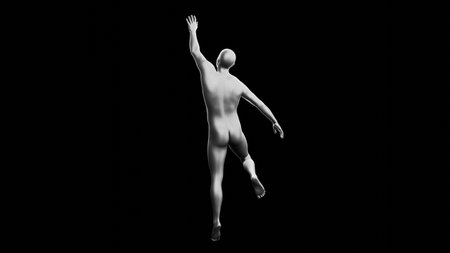 Beautiful young metallic silver man posing, isolated on black background. 3d illustration (rendering). Silver mannequin. Back viewの写真素材