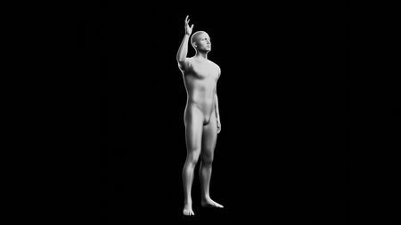 Beautiful young metallic silver man posing, isolated on black background. 3d illustration (rendering). Silver mannequin. Side viewの写真素材