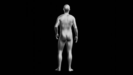 Beautiful young metallic silver man posing, isolated on black background. 3d illustration (rendering). Silver mannequin. Back viewの写真素材