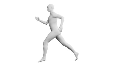Beautiful athletic young man posing, isolated on white background. 3d illustration (rendering). Artificial intelligence, mannequin. Side viewの写真素材
