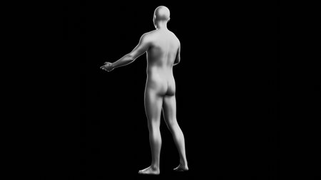 Beautiful young metallic silver man posing, isolated on black background. 3d illustration (rendering). Silver mannequin. Back viewの写真素材