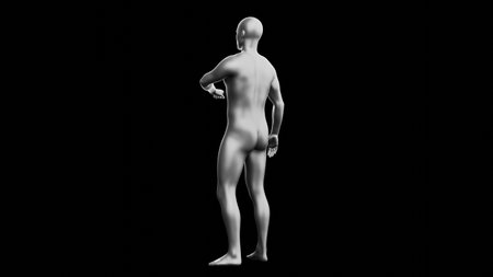 Beautiful young metallic silver man posing, isolated on black background. 3d illustration (rendering). Silver mannequin. Back viewの写真素材