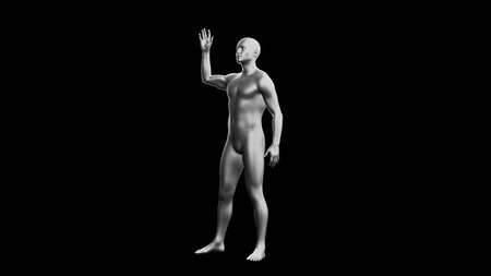 Beautiful young metallic silver man posing, isolated on black background. 3d illustration (rendering). Silver mannequin. Side viewの写真素材