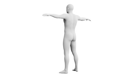 Beautiful athletic young man posing, isolated on white background. 3d illustration (rendering). Artificial intelligence, mannequin. Back viewの写真素材