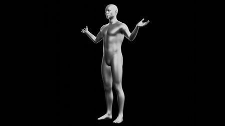 Beautiful young metallic silver man posing, isolated on black background. 3d illustration (rendering). Silver mannequin. Side viewの写真素材