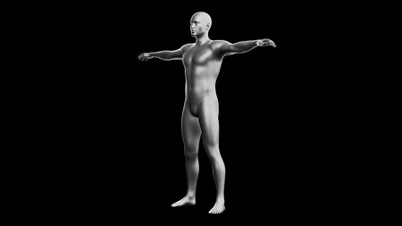 Beautiful young metallic silver man posing, isolated on black background. 3d illustration (rendering). Silver mannequin. Side viewの写真素材