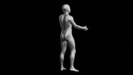 Beautiful young metallic silver man posing, isolated on black background. 3d illustration (rendering). Silver mannequin. Back viewの写真素材