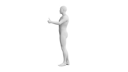 Beautiful athletic young man posing, isolated on white background. 3d illustration (rendering). Artificial intelligence, mannequin. Side viewの写真素材