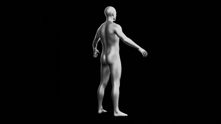 Beautiful young metallic silver man posing, isolated on black background. 3d illustration (rendering). Silver mannequin. Back viewの写真素材