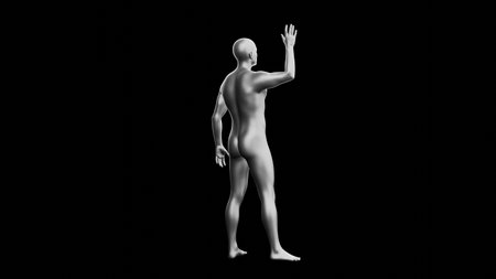 Beautiful young metallic silver man posing, isolated on black background. 3d illustration (rendering). Silver mannequin. Back viewの写真素材