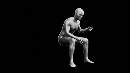 Beautiful young metallic silver man posing, isolated on black background. 3d illustration (rendering). Silver mannequin. Side viewの写真素材