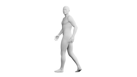 Beautiful athletic young man posing, isolated on white background. 3d illustration (rendering). Artificial intelligence, mannequin. Side viewの写真素材