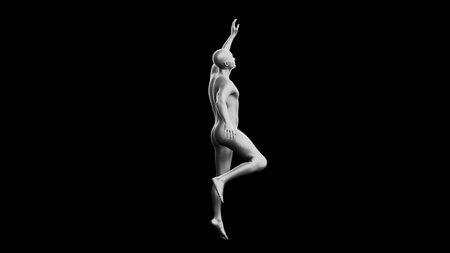 Beautiful young metallic silver man posing, isolated on black background. 3d illustration (rendering). Silver mannequin. Side viewの写真素材