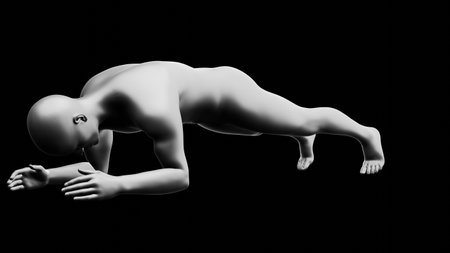 Beautiful young metallic silver man posing, isolated on black background. 3d illustration (rendering). Silver mannequin. Side viewの写真素材
