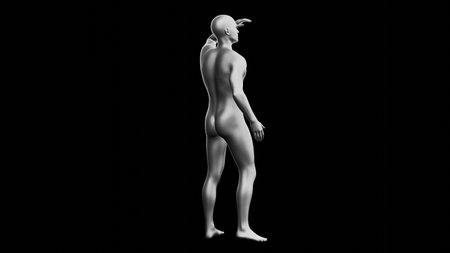 Beautiful young metallic silver man posing, isolated on black background. 3d illustration (rendering). Silver mannequin. Back viewの写真素材