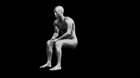 Beautiful young metallic silver man posing, isolated on black background. 3d illustration (rendering). Silver mannequin. Side viewの写真素材