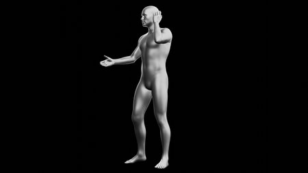 Beautiful young metallic silver man posing, isolated on black background. 3d illustration (rendering). Silver mannequin. Side viewの写真素材