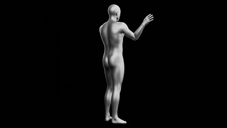 Beautiful young metallic silver man posing, isolated on black background. 3d illustration (rendering). Silver mannequin. Side viewの写真素材