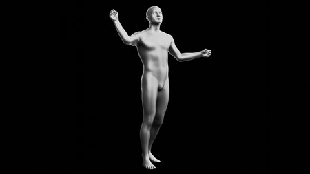 Beautiful young metallic silver man posing, isolated on black background. 3d illustration (rendering). Silver mannequin. Side viewの写真素材