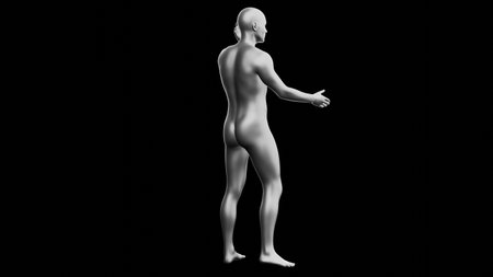 Beautiful young metallic silver man posing, isolated on black background. 3d illustration (rendering). Silver mannequin. Back viewの写真素材