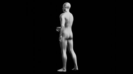 Beautiful young metallic silver man posing, isolated on black background. 3d illustration (rendering). Silver mannequin. Back viewの写真素材