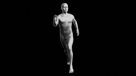 Beautiful young metallic silver man posing, isolated on black background. 3d illustration (rendering). Silver mannequin. Frontal viewの写真素材