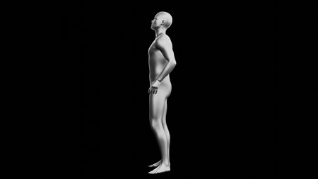 Beautiful young metallic silver man posing, isolated on black background. 3d illustration (rendering). Silver mannequin. Side viewの写真素材