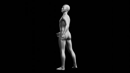 Beautiful young metallic silver man posing, isolated on black background. 3d illustration (rendering). Silver mannequin. Back viewの写真素材