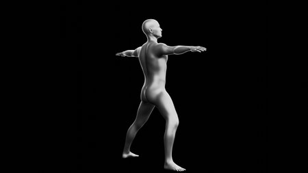 Beautiful young metallic silver man posing, isolated on black background. 3d illustration (rendering). Silver mannequin. Back viewの写真素材