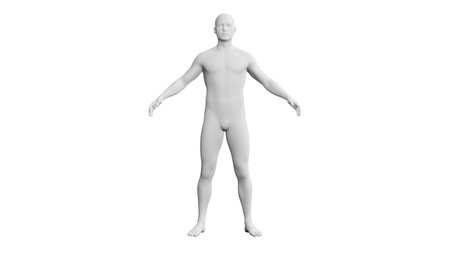 Beautiful athletic young man posing, isolated on white background. 3d illustration (rendering). Artificial intelligence, mannequin. Frontal viewの写真素材