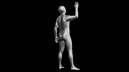 Beautiful young metallic silver man posing, isolated on black background. 3d illustration (rendering). Silver mannequin. Back viewの写真素材