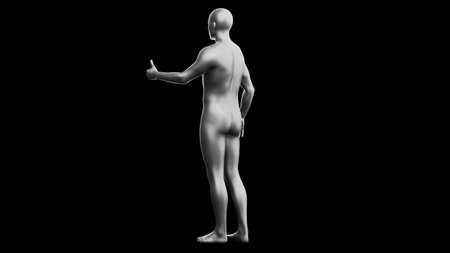 Beautiful young metallic silver man posing, isolated on black background. 3d illustration (rendering). Silver mannequin. Back viewの写真素材