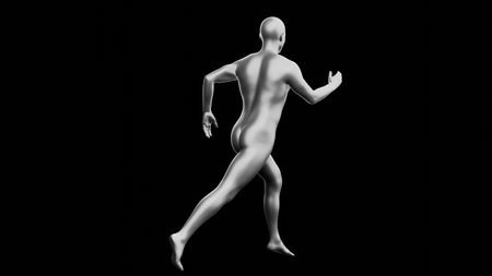 Beautiful young metallic silver man posing, isolated on black background. 3d illustration (rendering). Silver mannequin. Back viewの写真素材