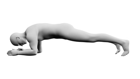Beautiful athletic young man posing, isolated on white background. 3d illustration (rendering). Artificial intelligence, mannequin. Side viewの写真素材