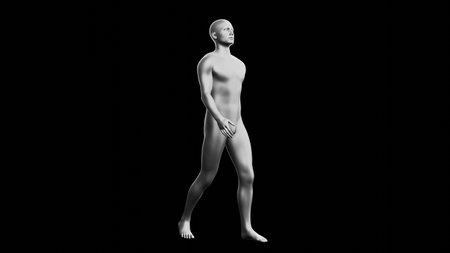 Beautiful young metallic silver man posing, isolated on black background. 3d illustration (rendering). Silver mannequin. Side viewの写真素材