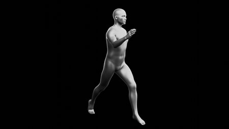 Beautiful young metallic silver man posing, isolated on black background. 3d illustration (rendering). Silver mannequin. Side viewの写真素材