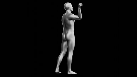 Beautiful young metallic silver man posing, isolated on black background. 3d illustration (rendering). Silver mannequin. Side viewの写真素材