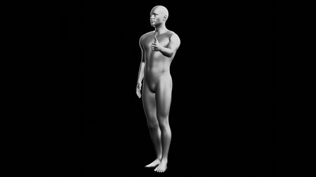 Beautiful young metallic silver man posing, isolated on black background. 3d illustration (rendering). Silver mannequin. Side viewの写真素材