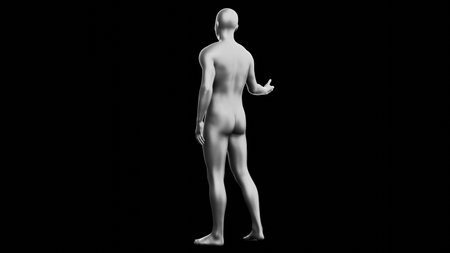 Beautiful young metallic silver man posing, isolated on black background. 3d illustration (rendering). Silver mannequin. Back viewの写真素材