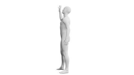 Beautiful athletic young man posing, isolated on white background. 3d illustration (rendering). Artificial intelligence, mannequin. Side viewの写真素材