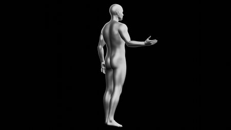 Beautiful young metallic silver man posing, isolated on black background. 3d illustration (rendering). Silver mannequin. Back viewの写真素材