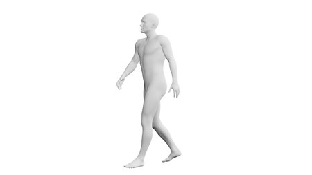 Beautiful athletic young man posing, isolated on white background. 3d illustration (rendering). Artificial intelligence, mannequin. Side viewの写真素材