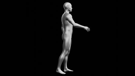 Beautiful young metallic silver man posing, isolated on black background. 3d illustration (rendering). Silver mannequin. Side viewの写真素材