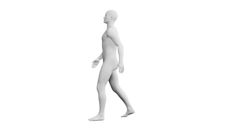 Beautiful athletic young man posing, isolated on white background. 3d illustration (rendering). Artificial intelligence, mannequin. Side viewの写真素材