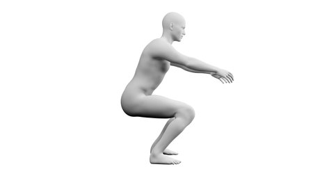 Beautiful athletic young man posing, isolated on white background. 3d illustration (rendering). Artificial intelligence, mannequin. Side viewの写真素材