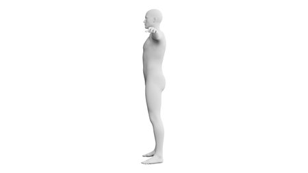 Beautiful athletic young man posing, isolated on white background. 3d illustration (rendering). Artificial intelligence, mannequin. Side viewの写真素材